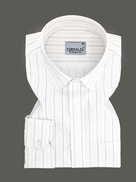 Imperial Luxurious Linen Cotton Black With Brown Line On White Formal Shirt