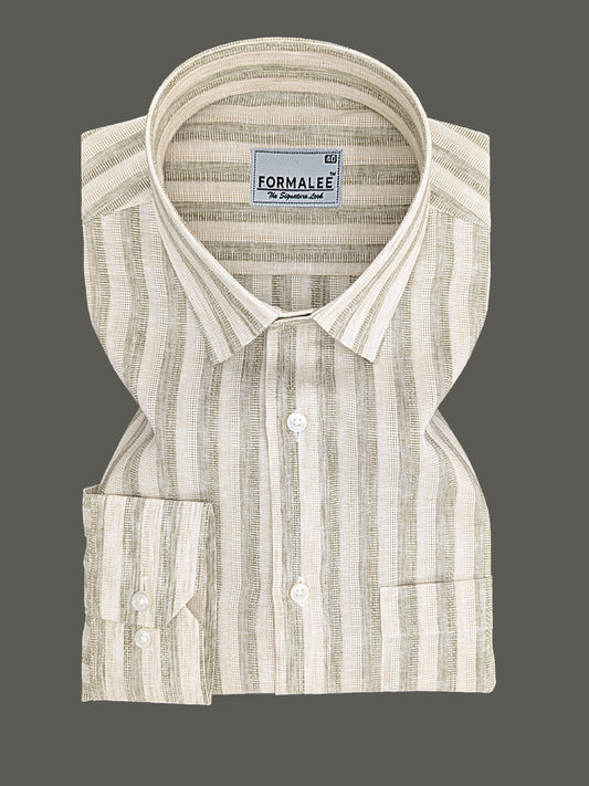 Aurelius Premium Linen Cotton Almond Cream Stripe Formal Shirt