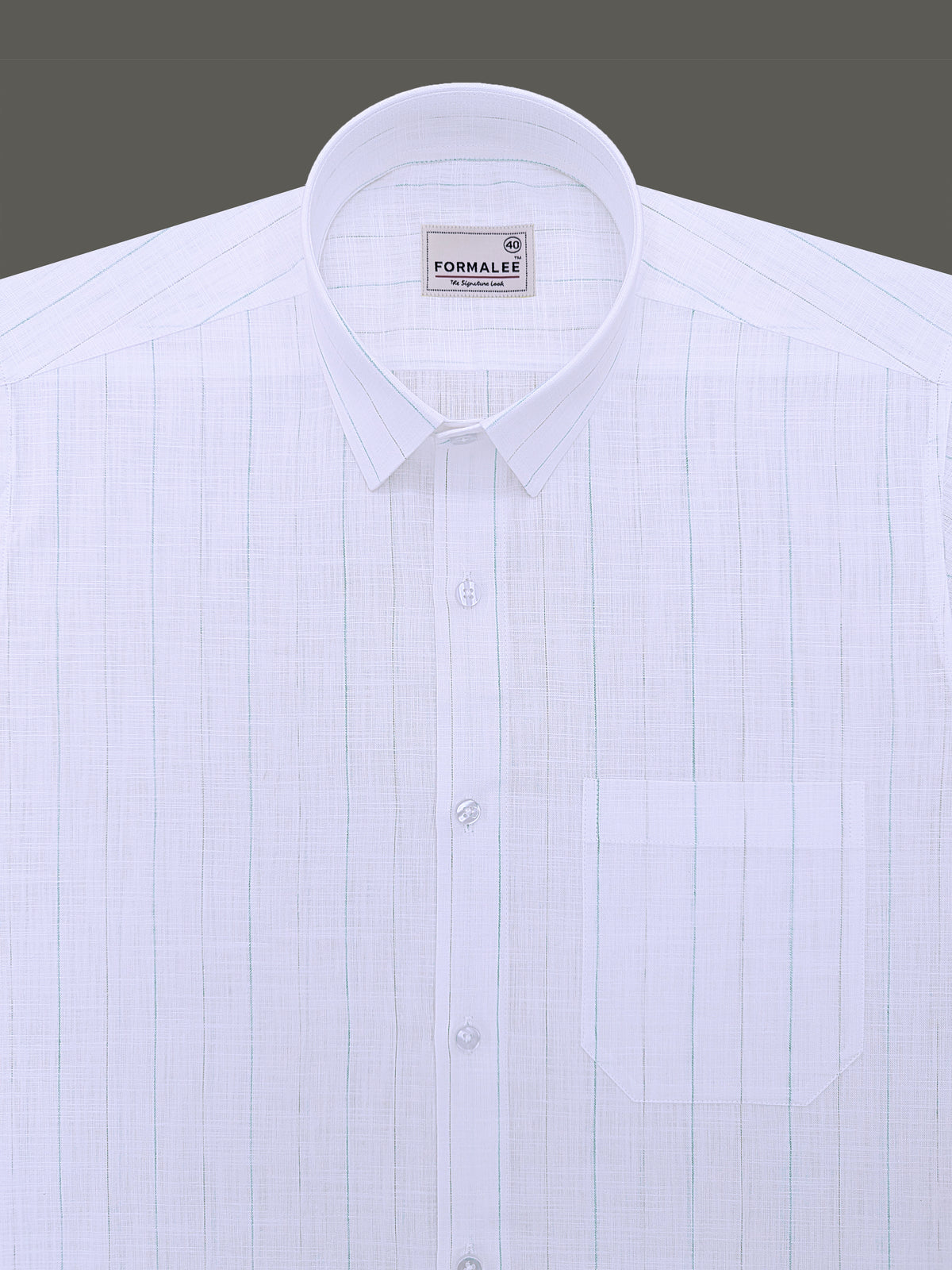 Italian Linen Cotton Marquello Cyan And Green Line On White Formal Shirt