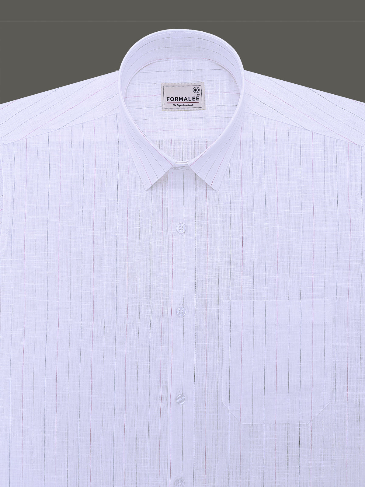 Luxurious Linen Marquello Pink And Grey Multi Line On White Formal Shirt