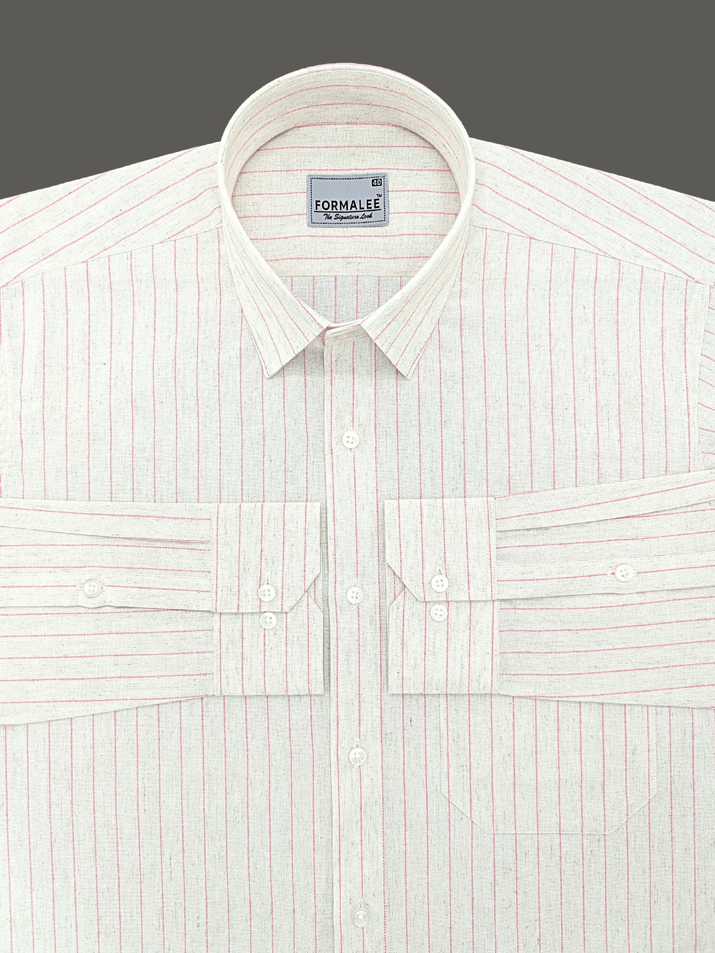 Imperial Luxurious Linen Cotton Pink Line On Cream Formal Shirt