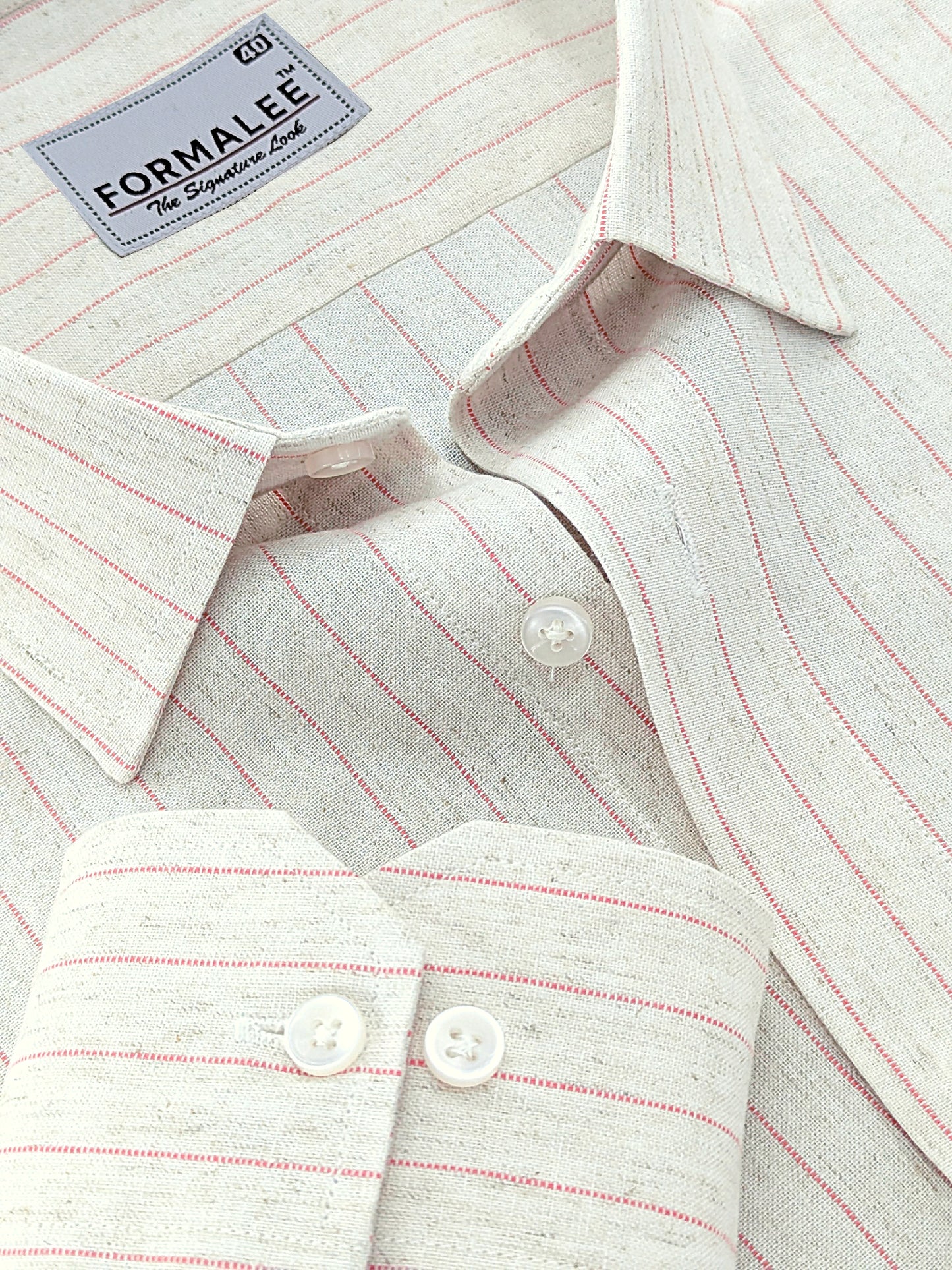 Imperial Luxurious Linen Cotton Pink Line On Cream Formal Shirt