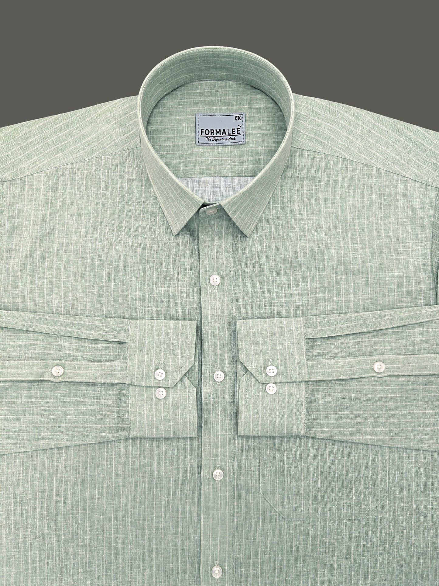 Imperial Luxurious Linen Cotton White Line On Leaf Green Formal Shirt