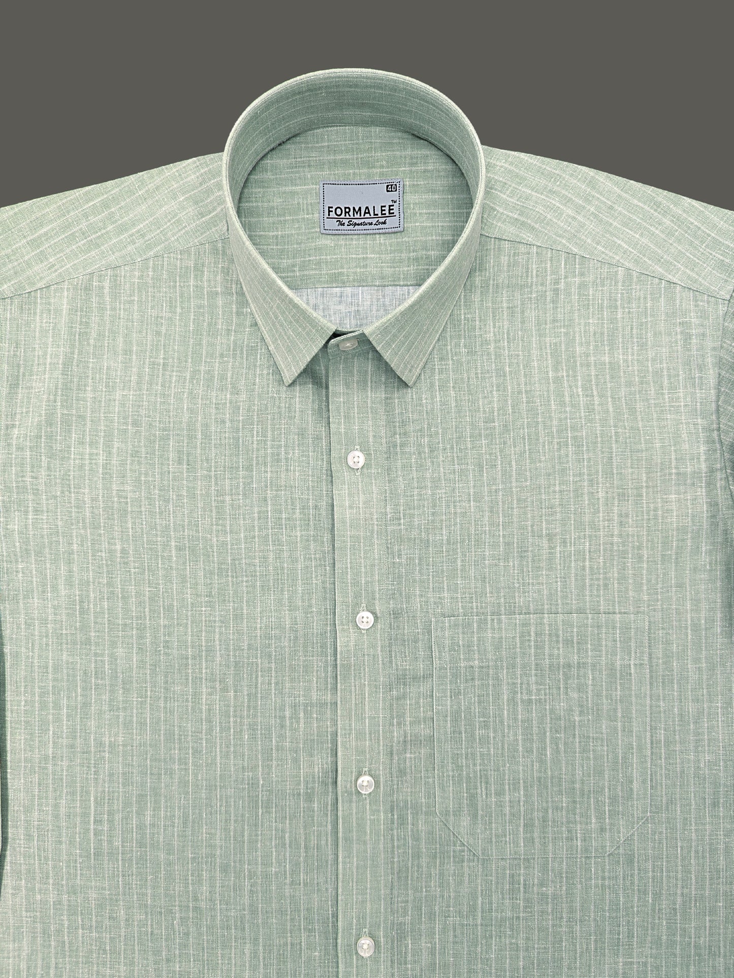 Imperial Luxurious Linen Cotton White Line On Leaf Green Formal Shirt