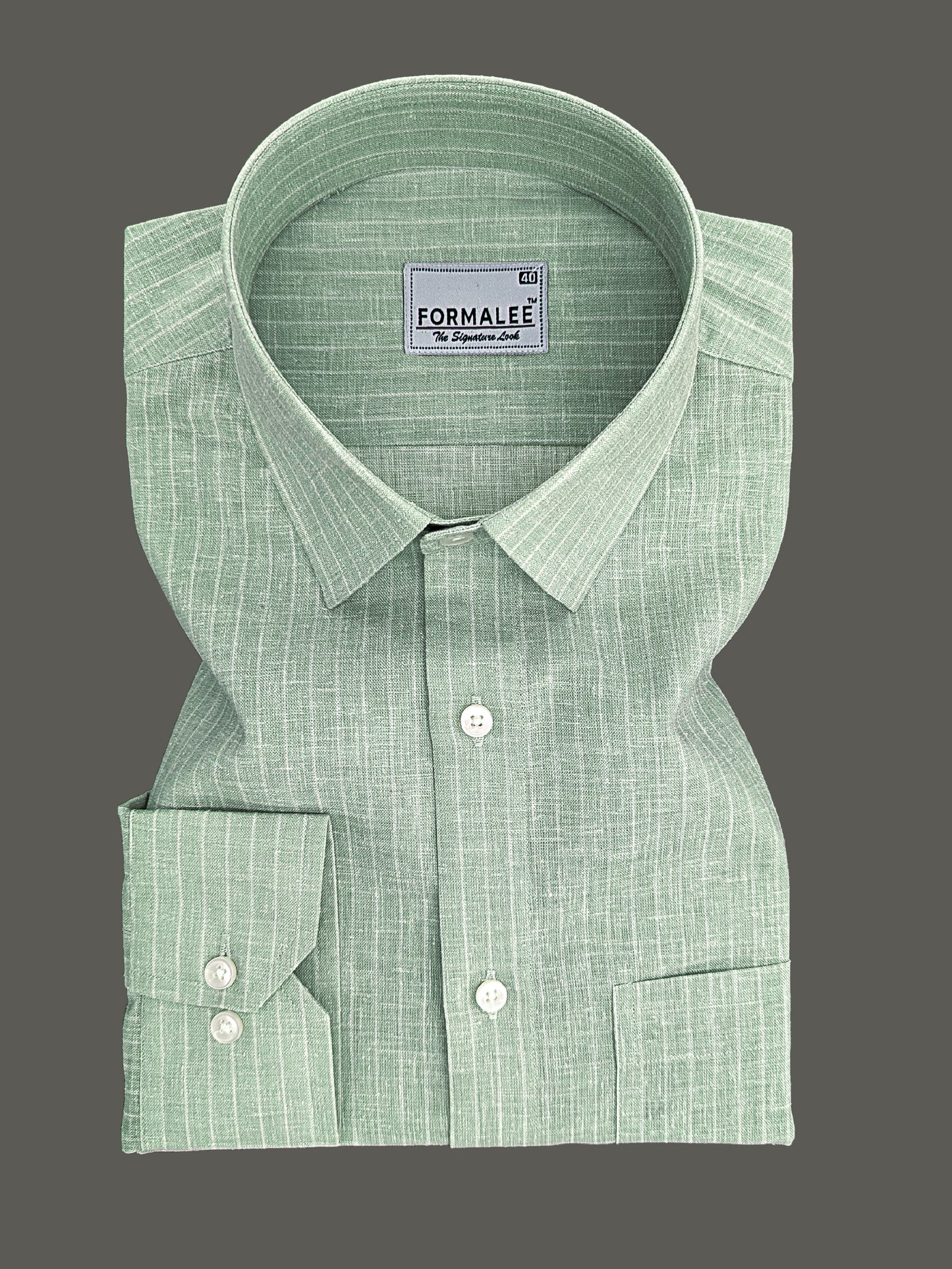 Imperial Luxurious Linen Cotton White Line On Leaf Green Formal Shirt