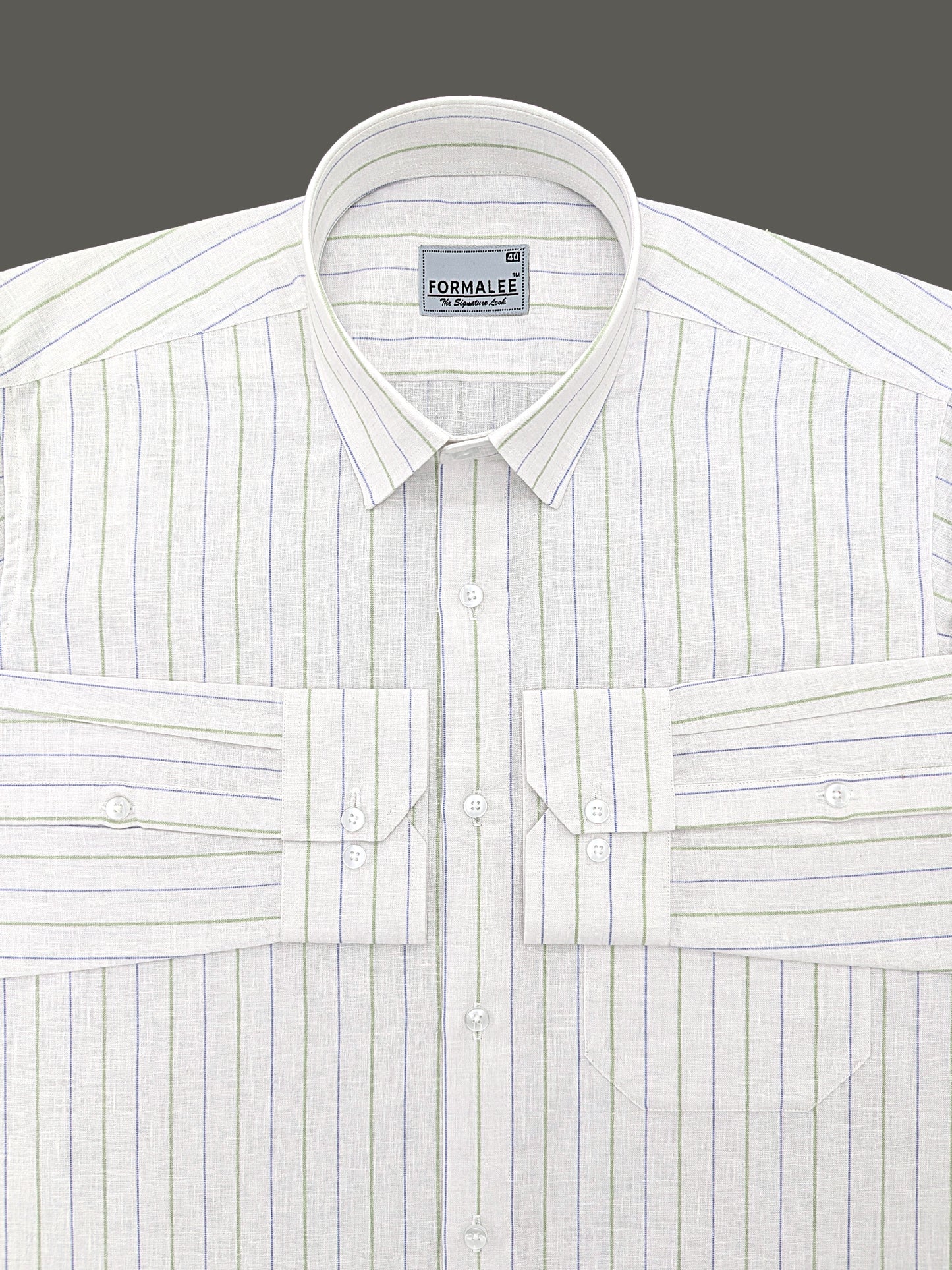 Imperial Luxurious Linen Cotton Green And Blue Line On White Formal Shirt