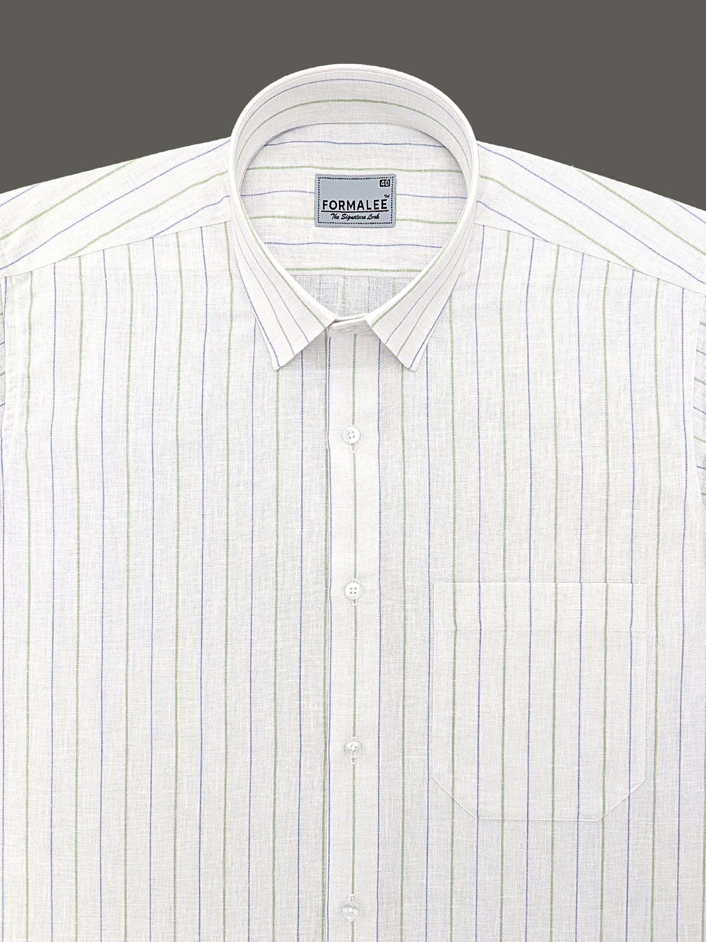 Imperial Luxurious Linen Cotton Green And Blue Line On White Formal Shirt