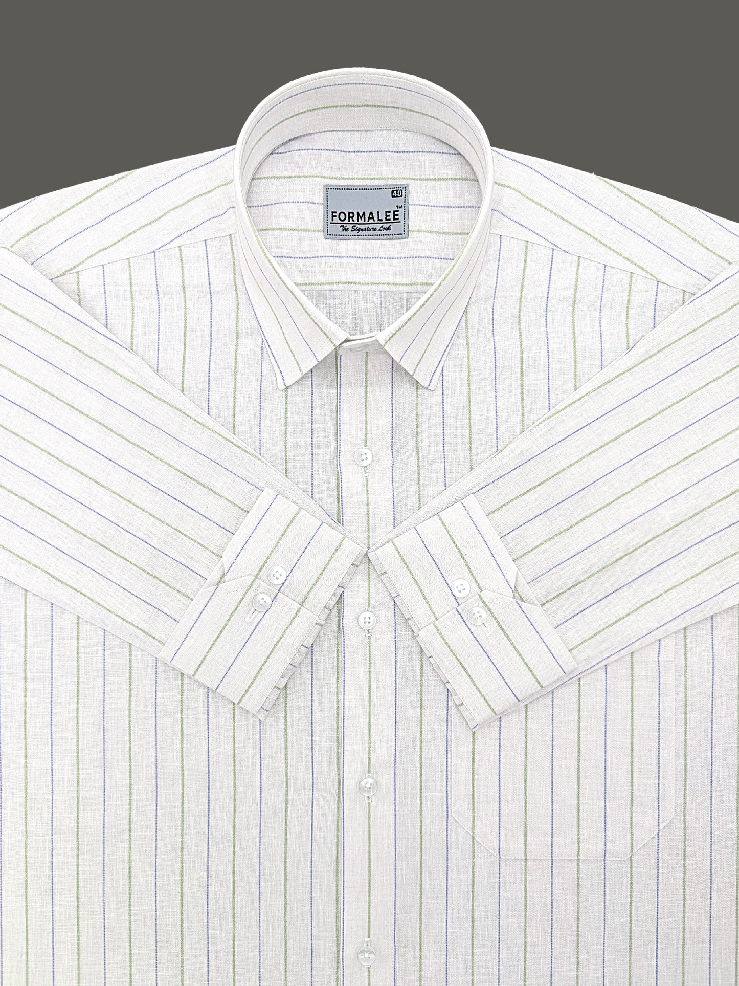Imperial Luxurious Linen Cotton Green And Blue Line On White Formal Shirt
