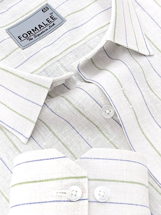 Imperial Luxurious Linen Cotton Green And Blue Line On White Formal Shirt