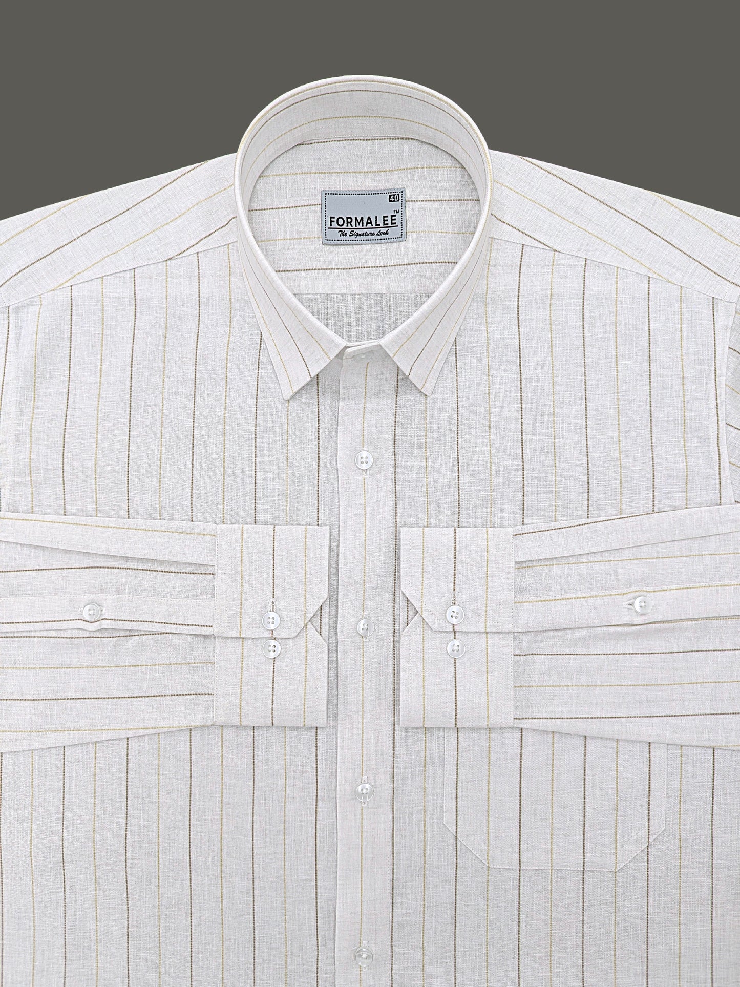 Imperial Luxurious Linen Cotton Yellow With Brown Line On White Formal Shirt