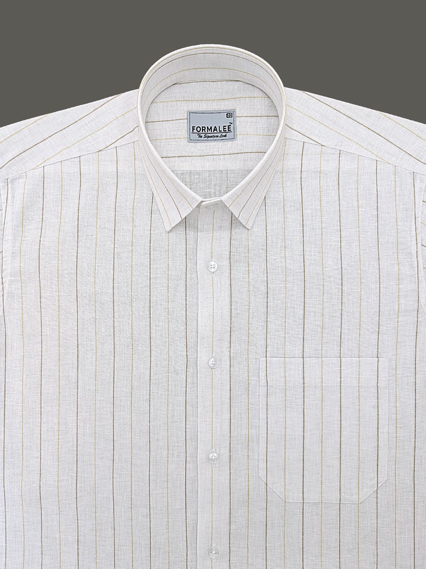 Imperial Luxurious Linen Cotton Yellow With Brown Line On White Formal Shirt