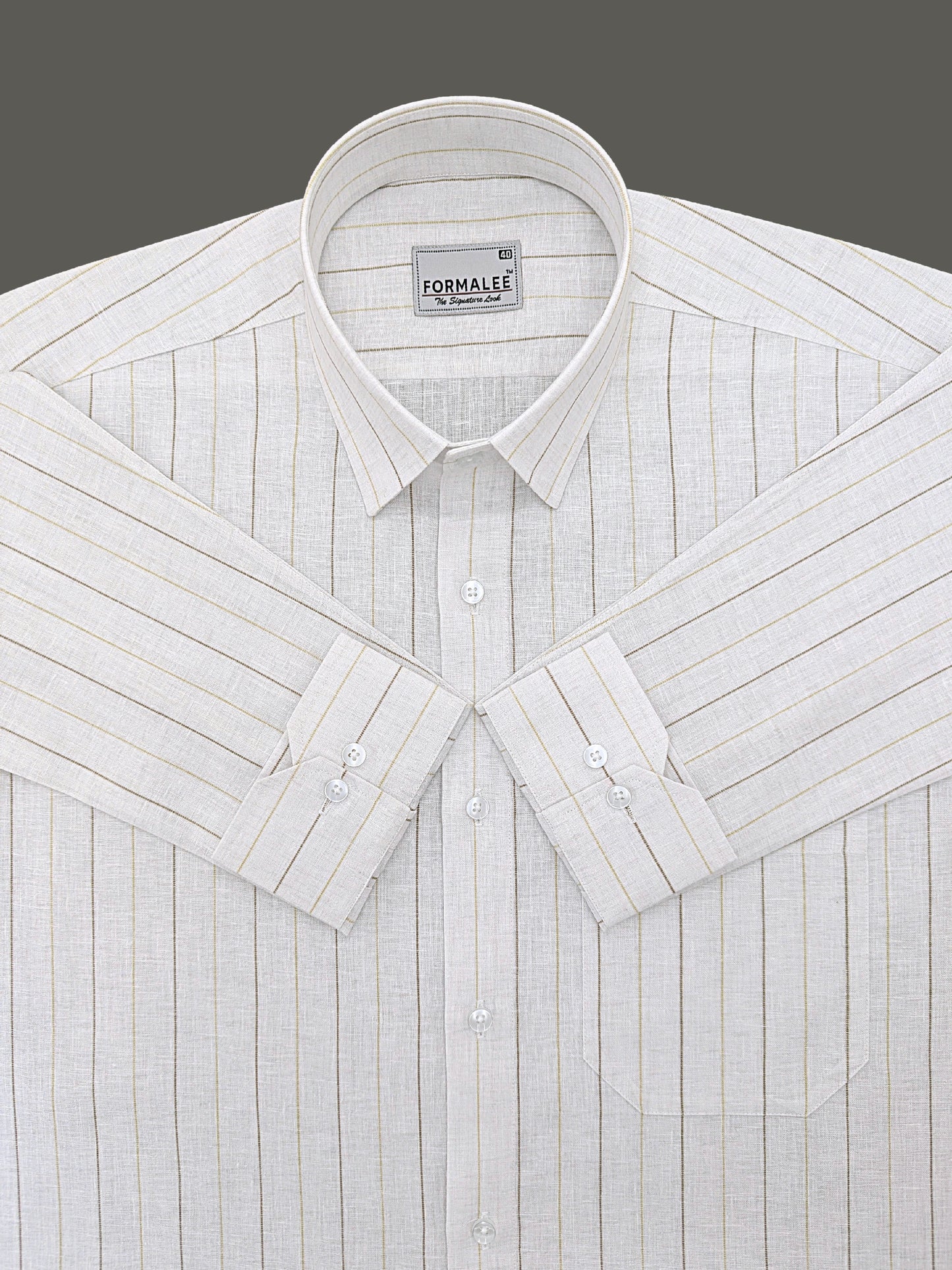 Imperial Luxurious Linen Cotton Yellow With Brown Line On White Formal Shirt