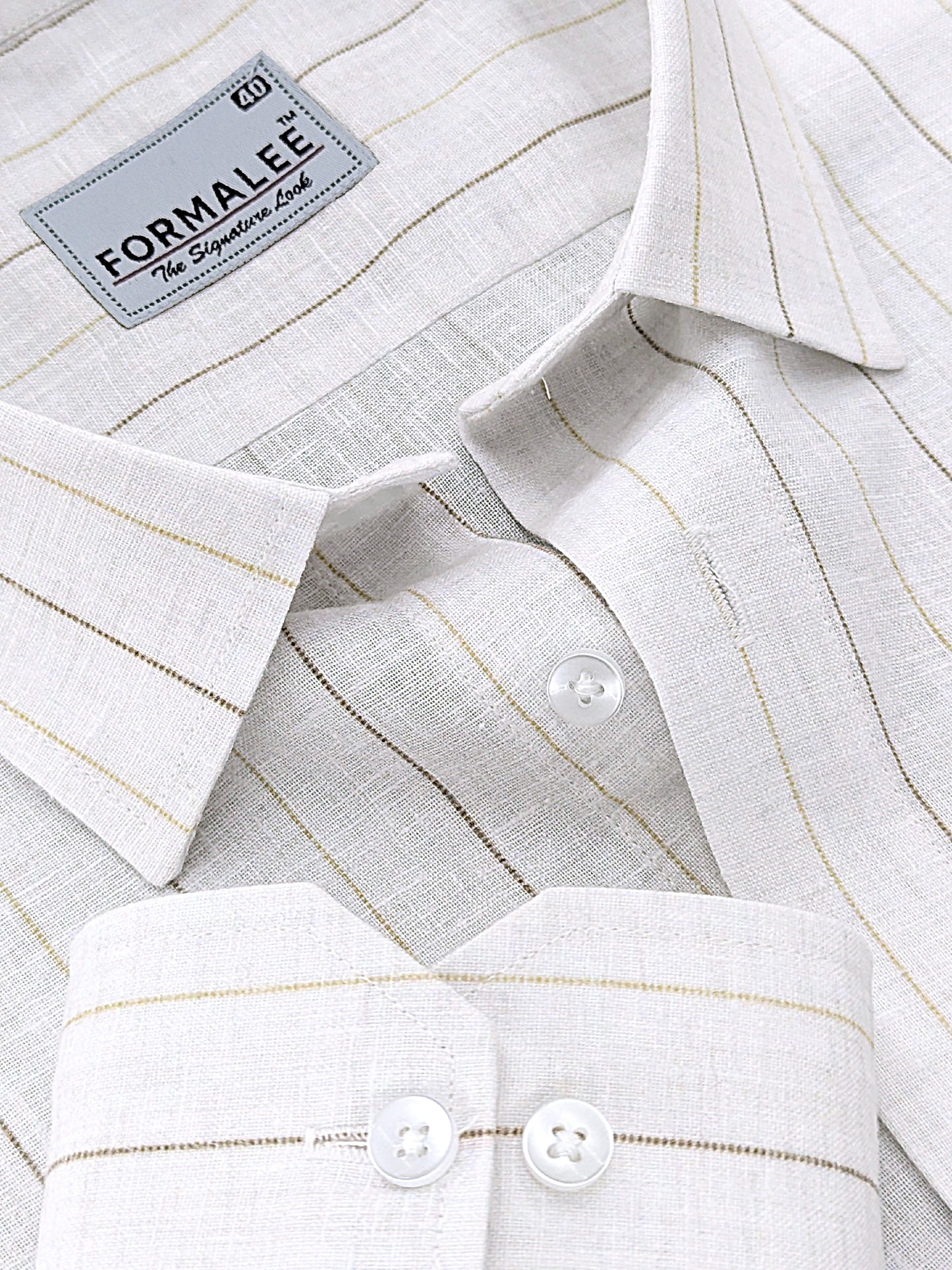 Imperial Luxurious Linen Cotton Yellow With Brown Line On White Formal Shirt
