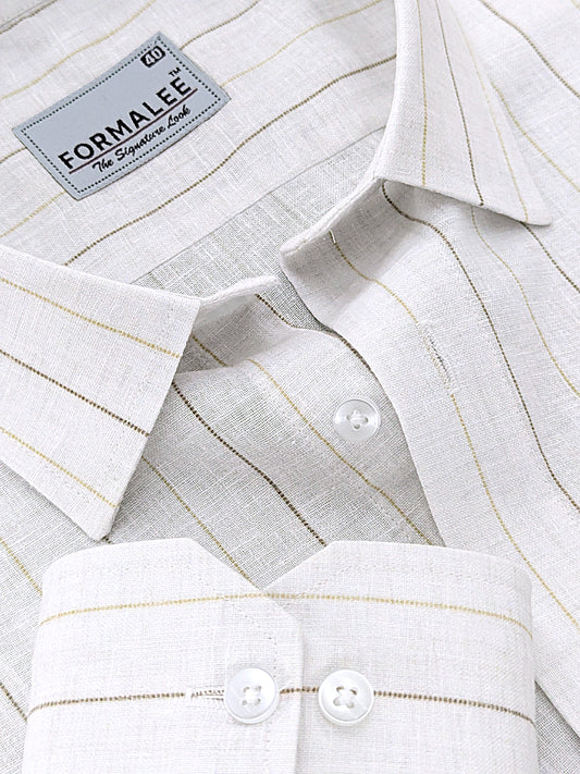 Imperial Luxurious Linen Cotton Yellow With Brown Line On White Formal Shirt