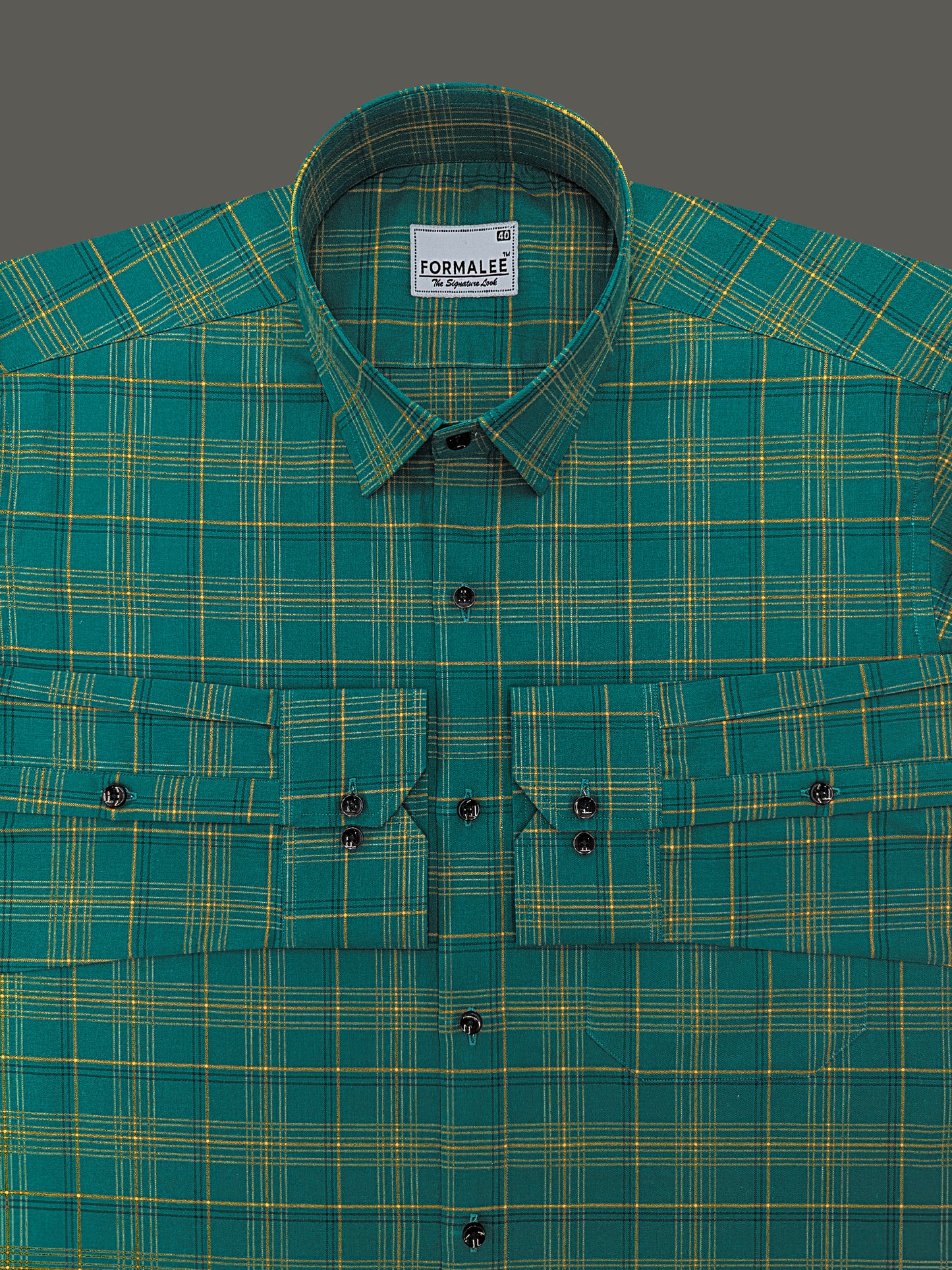 Premium Cotton Yellow with Blue Multi Checks On Dark Green Formal Shirt
