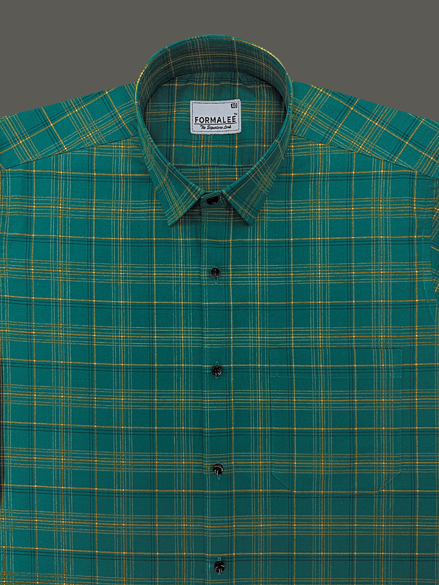 Premium Cotton Yellow with Blue Multi Checks On Dark Green Formal Shirt