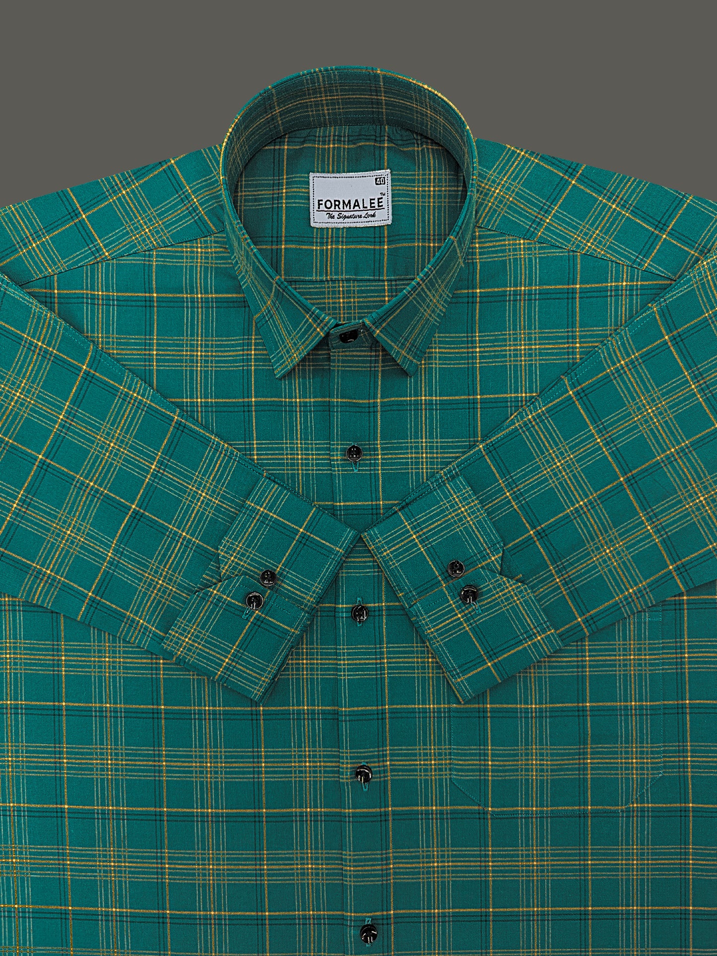 Premium Cotton Yellow with Blue Multi Checks On Dark Green Formal Shirt