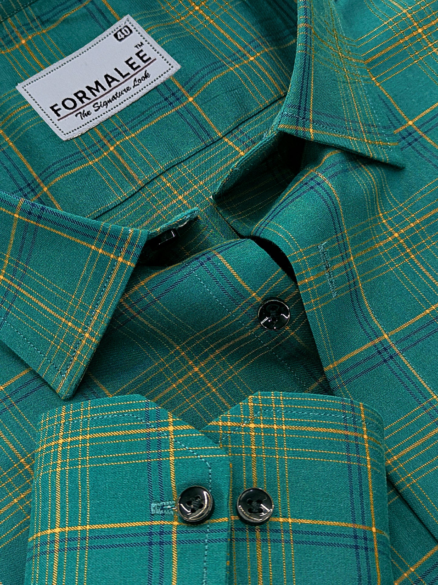 Premium Cotton Yellow with Blue Multi Checks On Dark Green Formal Shirt