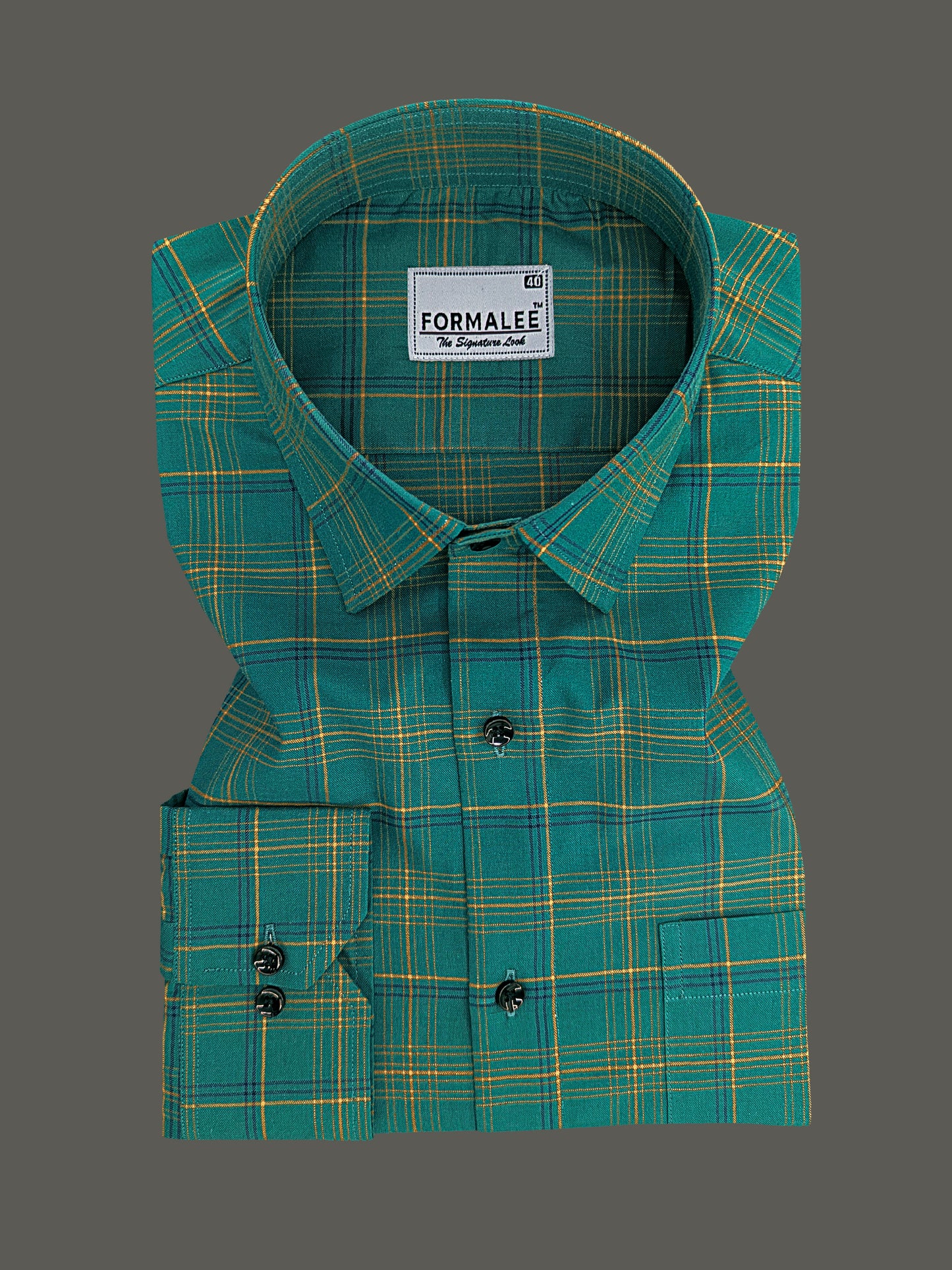 Premium Cotton Yellow with Blue Multi Checks On Dark Green Formal Shirt