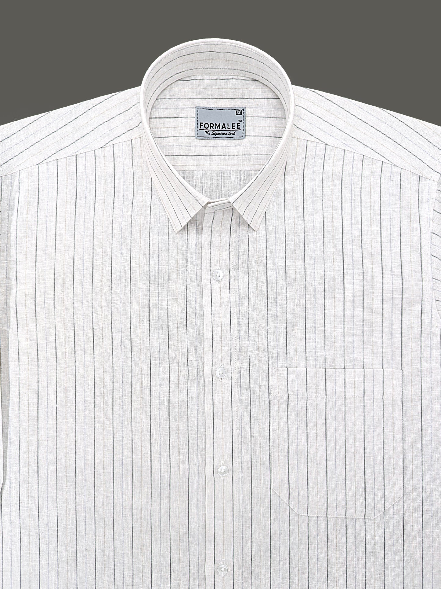 Imperial Luxurious Linen Cotton Black With Brown Line On White Formal Shirt