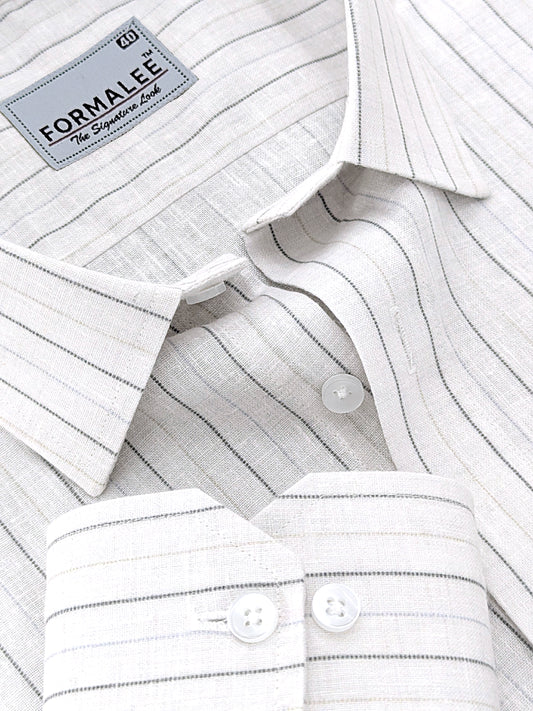 Imperial Luxurious Linen Cotton Black With Brown Line On White Formal Shirt