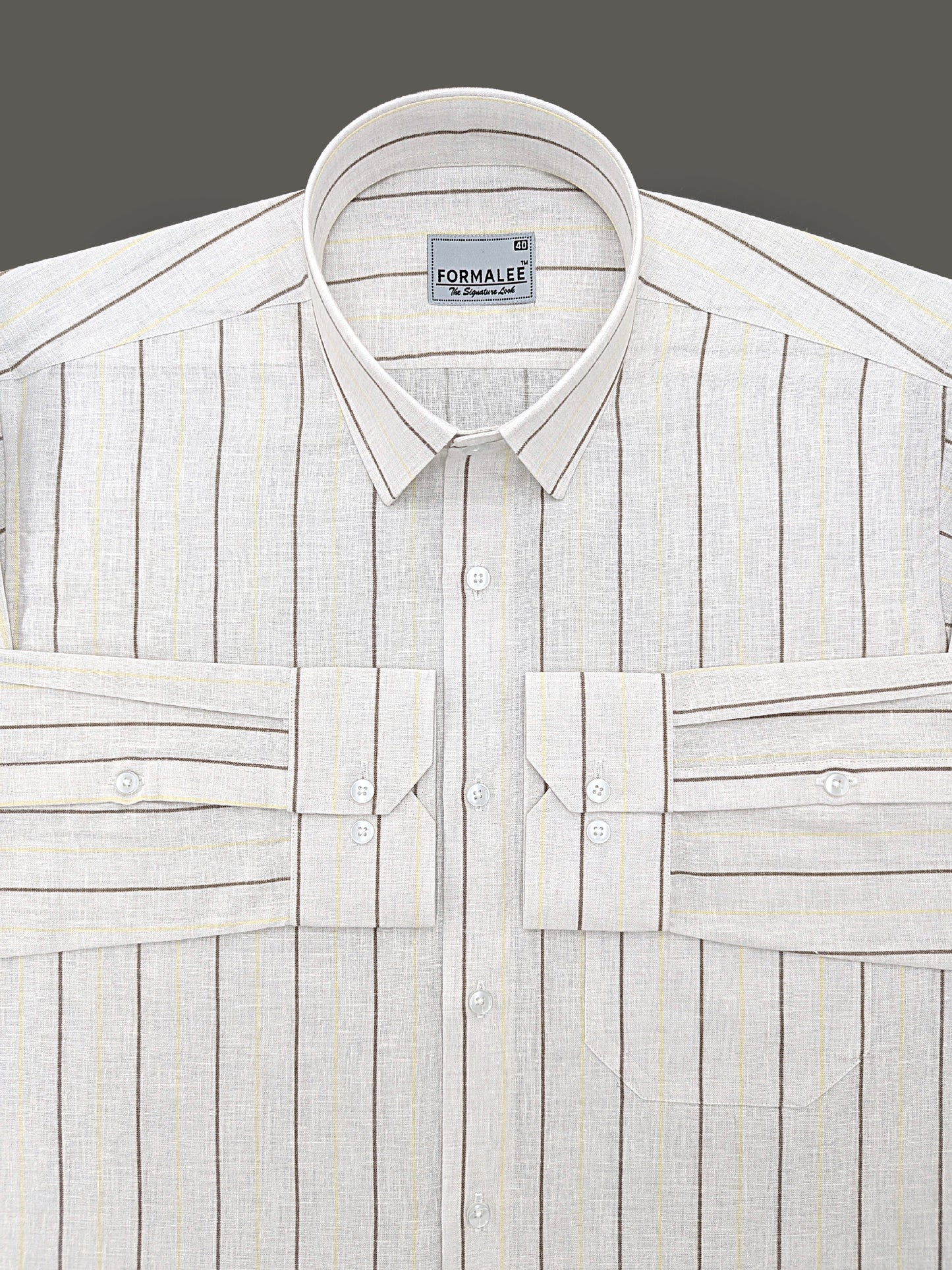 Imperial Luxurious Linen Cotton Dark Brown And Yellow Line On Cream Formal Shirt
