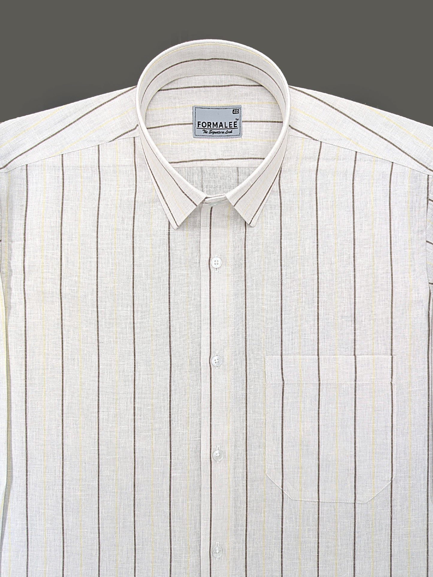 Imperial Luxurious Linen Cotton Dark Brown And Yellow Line On Cream Formal Shirt