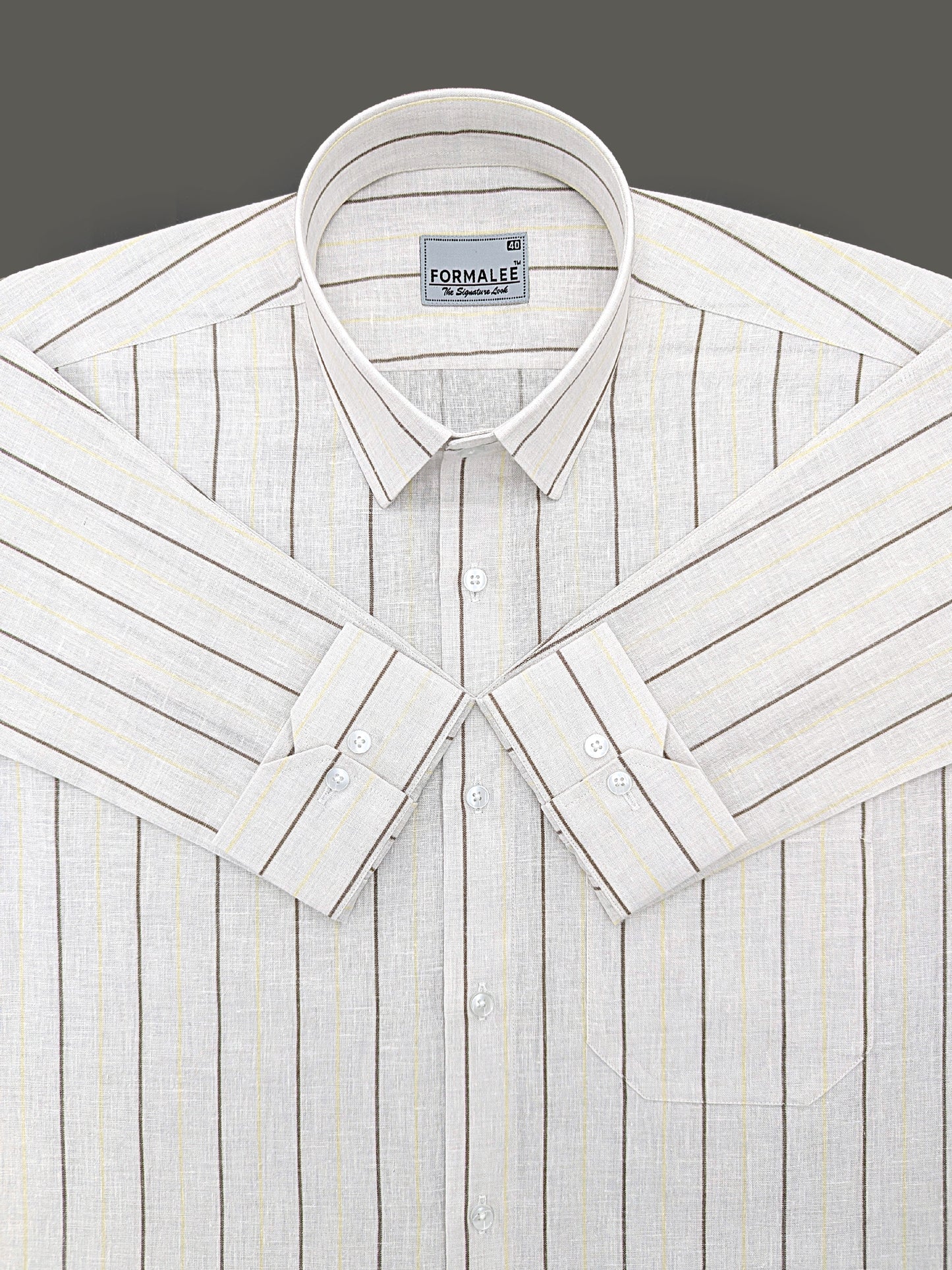 Imperial Luxurious Linen Cotton Dark Brown And Yellow Line On Cream Formal Shirt