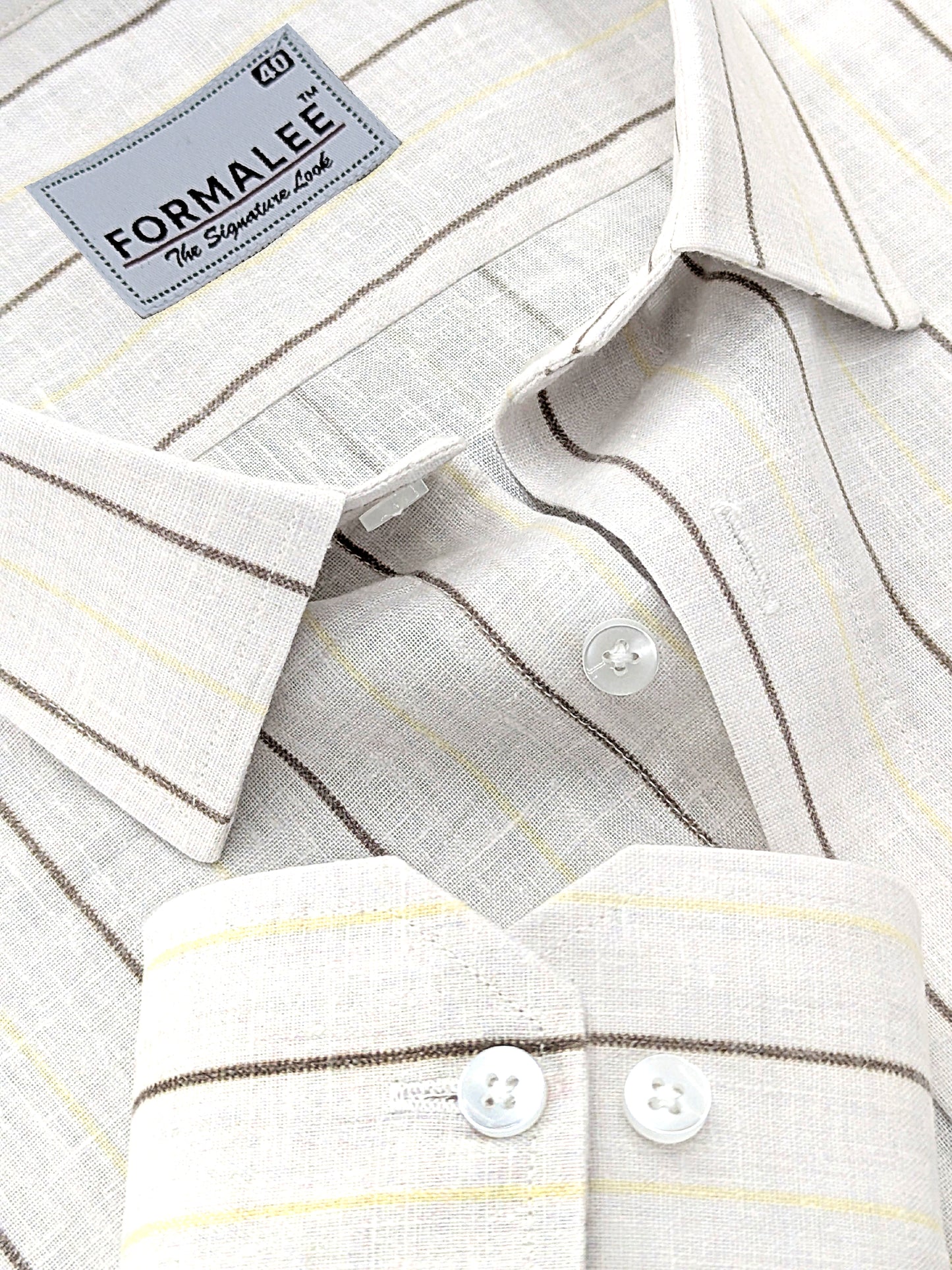Imperial Luxurious Linen Cotton Dark Brown And Yellow Line On Cream Formal Shirt