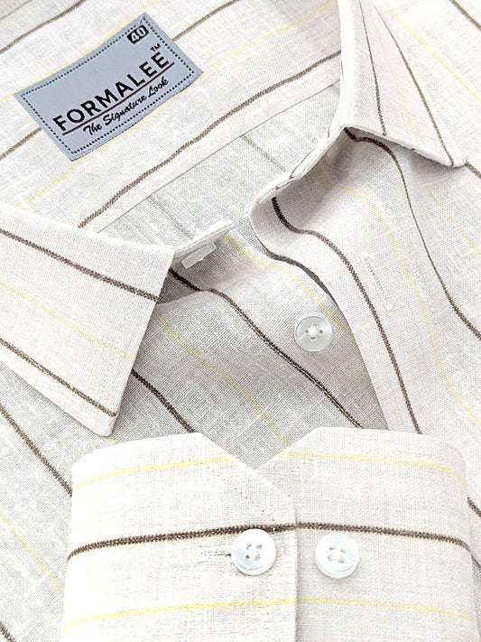 Imperial Luxurious Linen Cotton Dark Brown And Yellow Line On Cream Formal Shirt