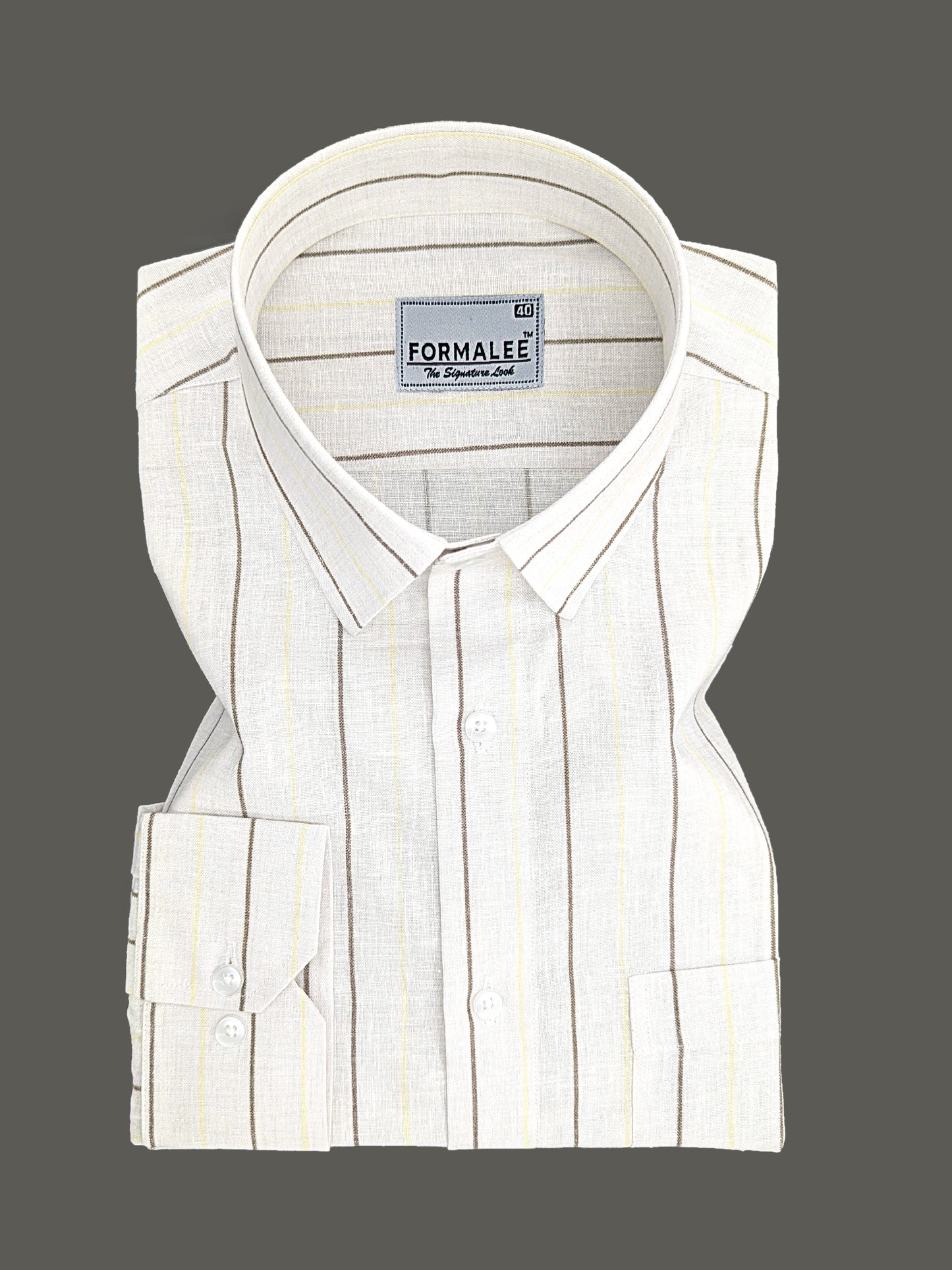 Imperial Luxurious Linen Cotton Dark Brown And Yellow Line On Cream Formal Shirt