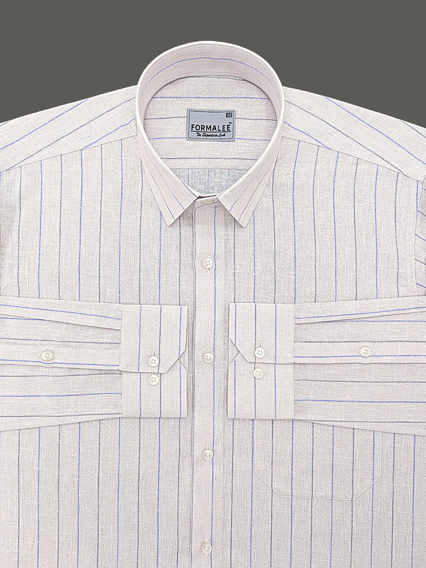 Imperial Luxurious Linen Cotton Blue Grey Line On Blush Cream Formal Shirt