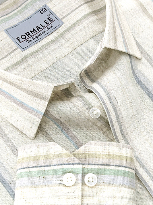 Natural Linen Beige Multitone Pastel Stripe Formal Shirt