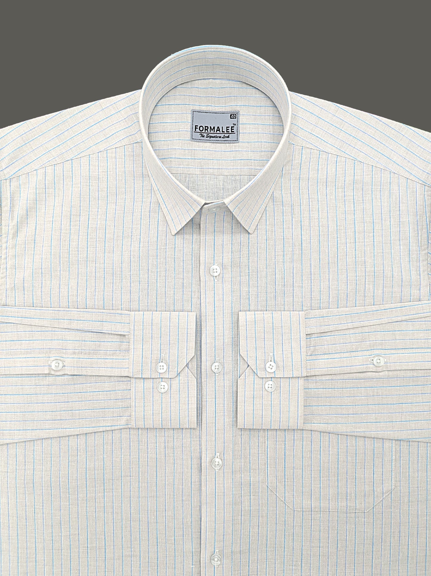 Ivory Mist Classic Cotton Linen Blue Pinstripe Formal Shirt