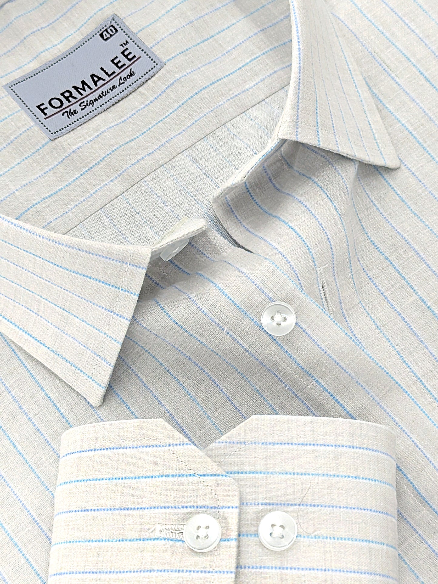 Ivory Mist Classic Cotton Linen Blue Pinstripe Formal Shirt