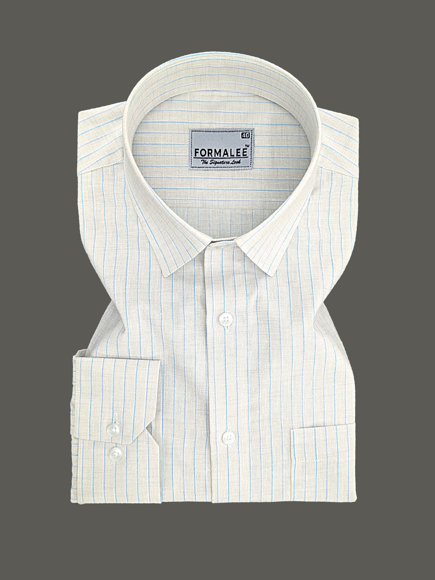 Ivory Mist Classic Cotton Linen Blue Pinstripe Formal Shirt
