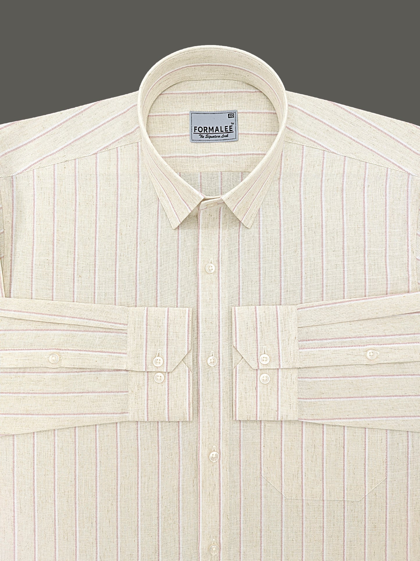 Imperial Luxurious Linen Cotton Reddish Line On Cream Formal Shirt
