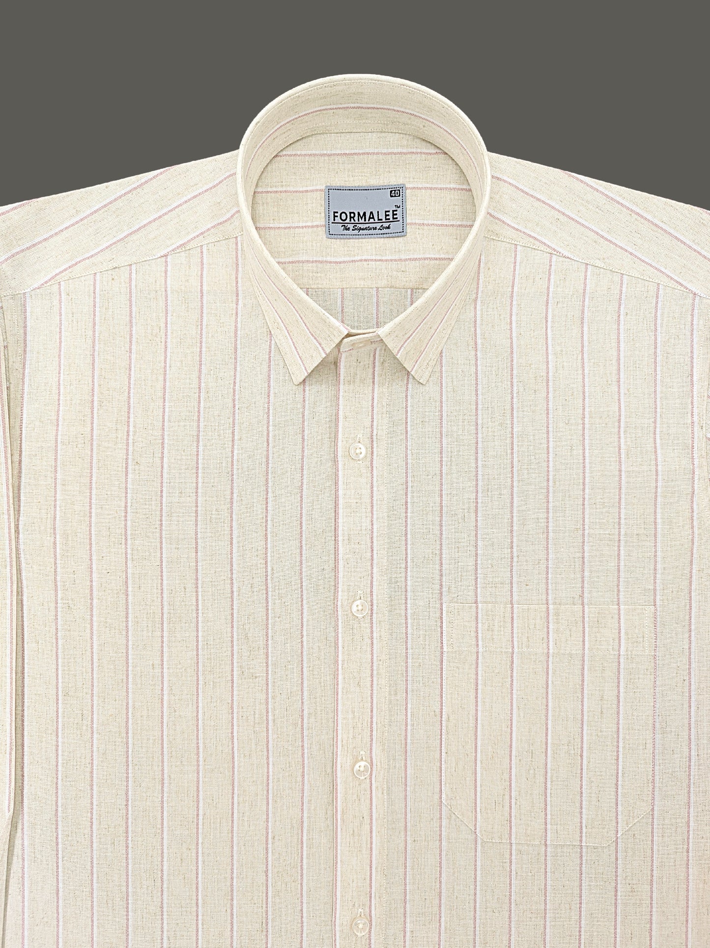 Imperial Luxurious Linen Cotton Reddish Line On Cream Formal Shirt
