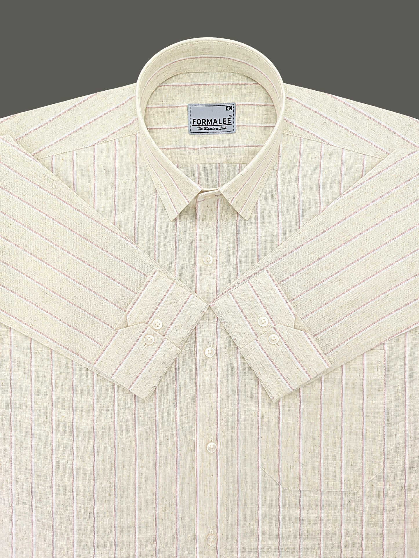 Imperial Luxurious Linen Cotton Reddish Line On Cream Formal Shirt