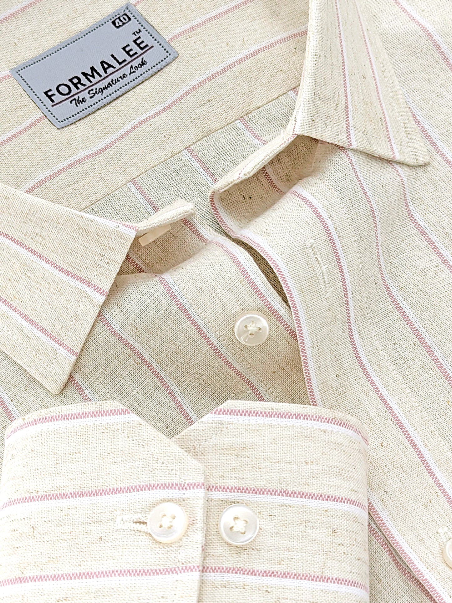 Imperial Luxurious Linen Cotton Reddish Line On Cream Formal Shirt