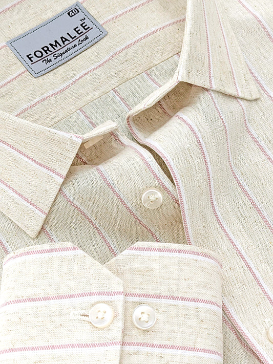 Imperial Luxurious Linen Cotton Reddish Line On Cream Formal Shirt