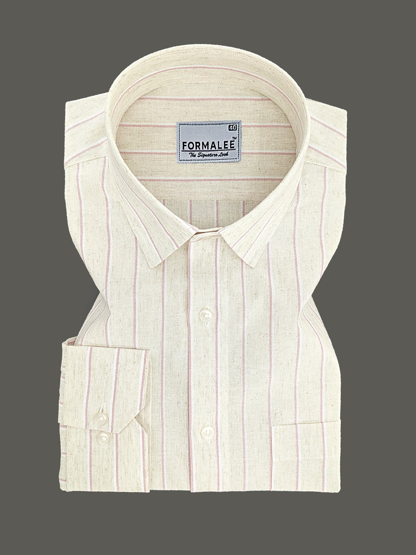 Imperial Luxurious Linen Cotton Reddish Line On Cream Formal Shirt