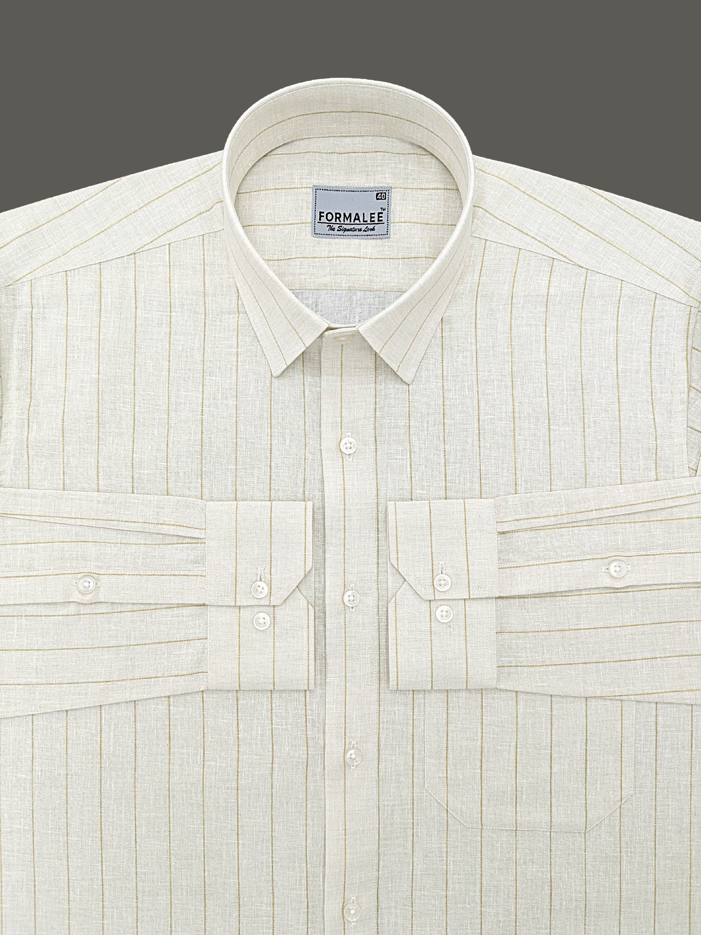 Imperial Luxurious Linen Cotton Brown Dotted Line On Cream Formal Shirt