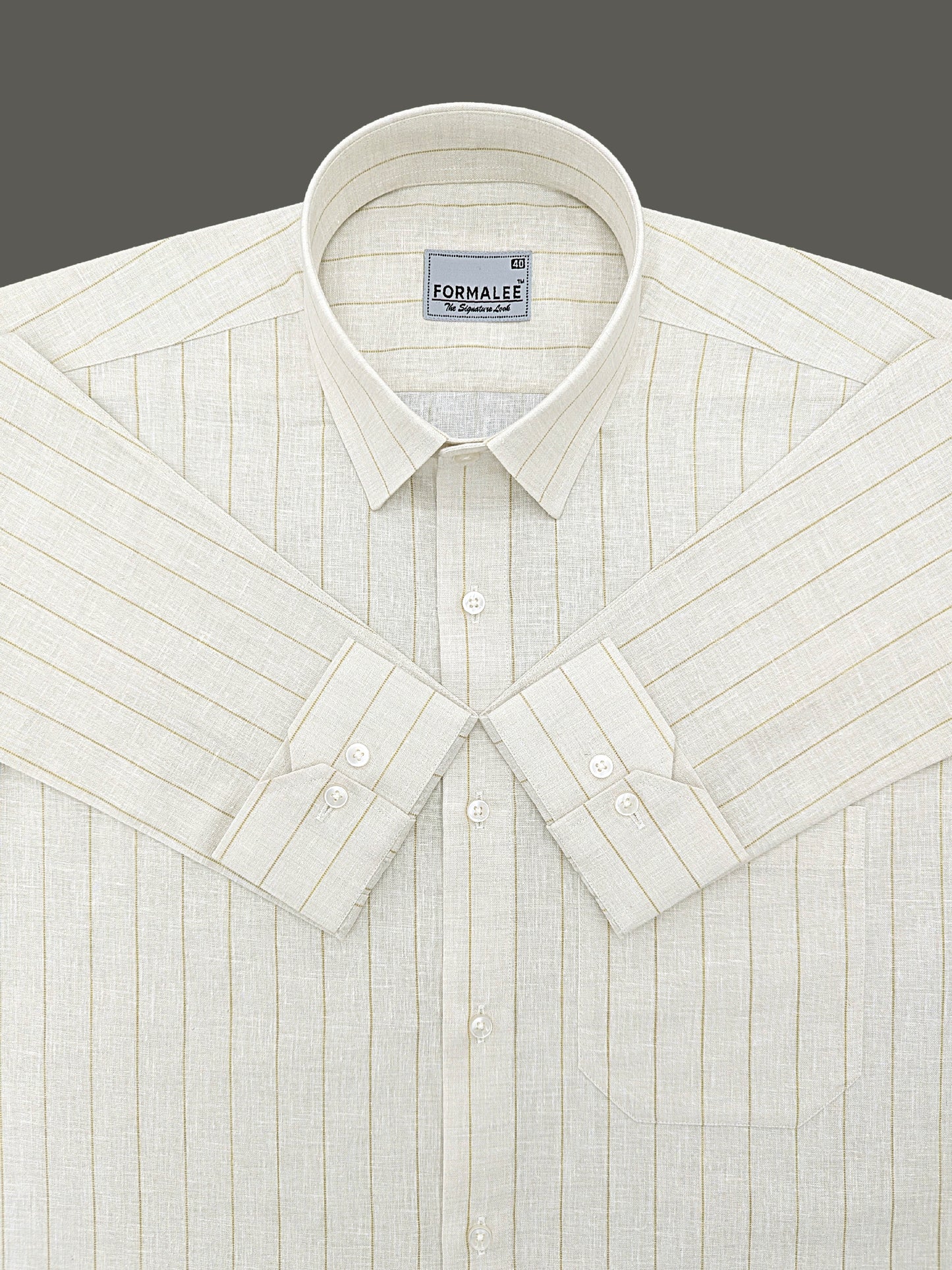 Imperial Luxurious Linen Cotton Brown Dotted Line On Cream Formal Shirt