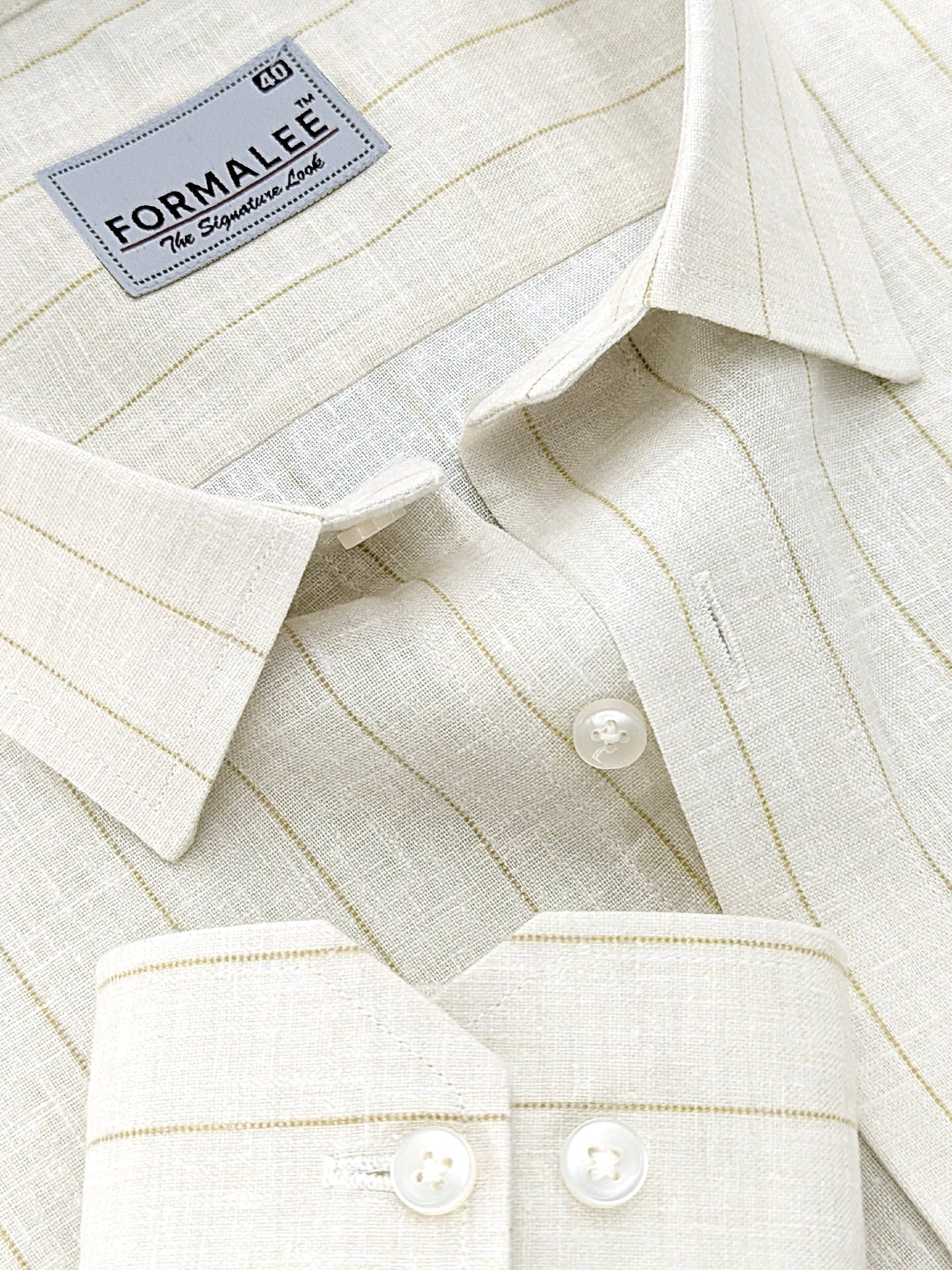 Imperial Luxurious Linen Cotton Brown Dotted Line On Cream Formal Shirt