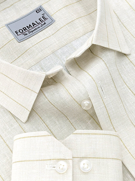 Imperial Luxurious Linen Cotton Brown Dotted Line On Cream Formal Shirt