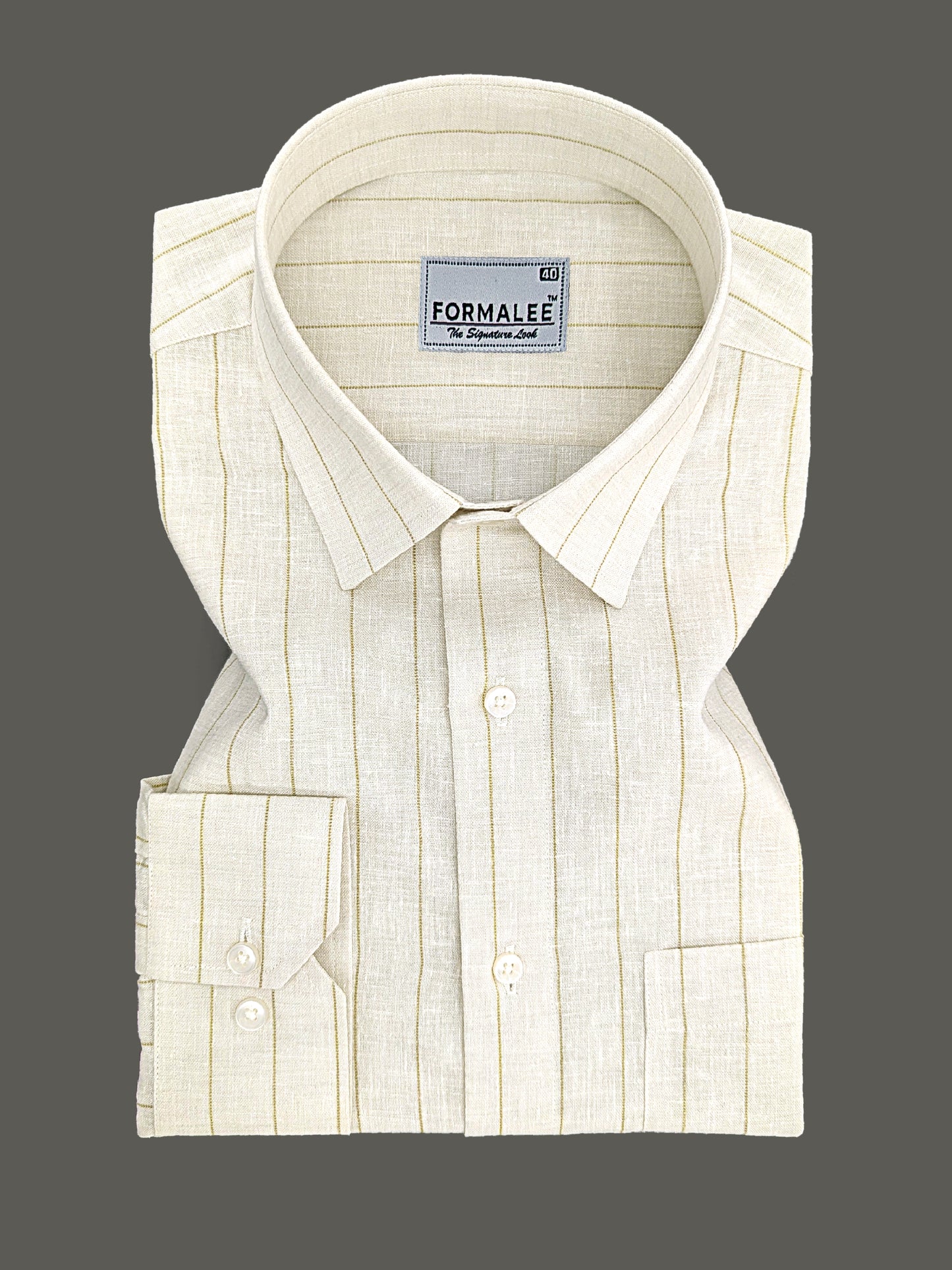 Imperial Luxurious Linen Cotton Brown Dotted Line On Cream Formal Shirt