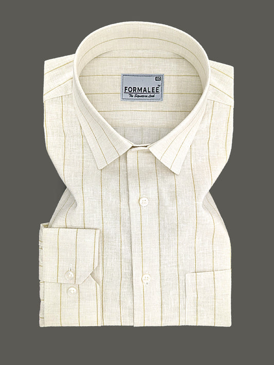Imperial Luxurious Linen Cotton Brown Dotted Line On Cream Formal Shirt