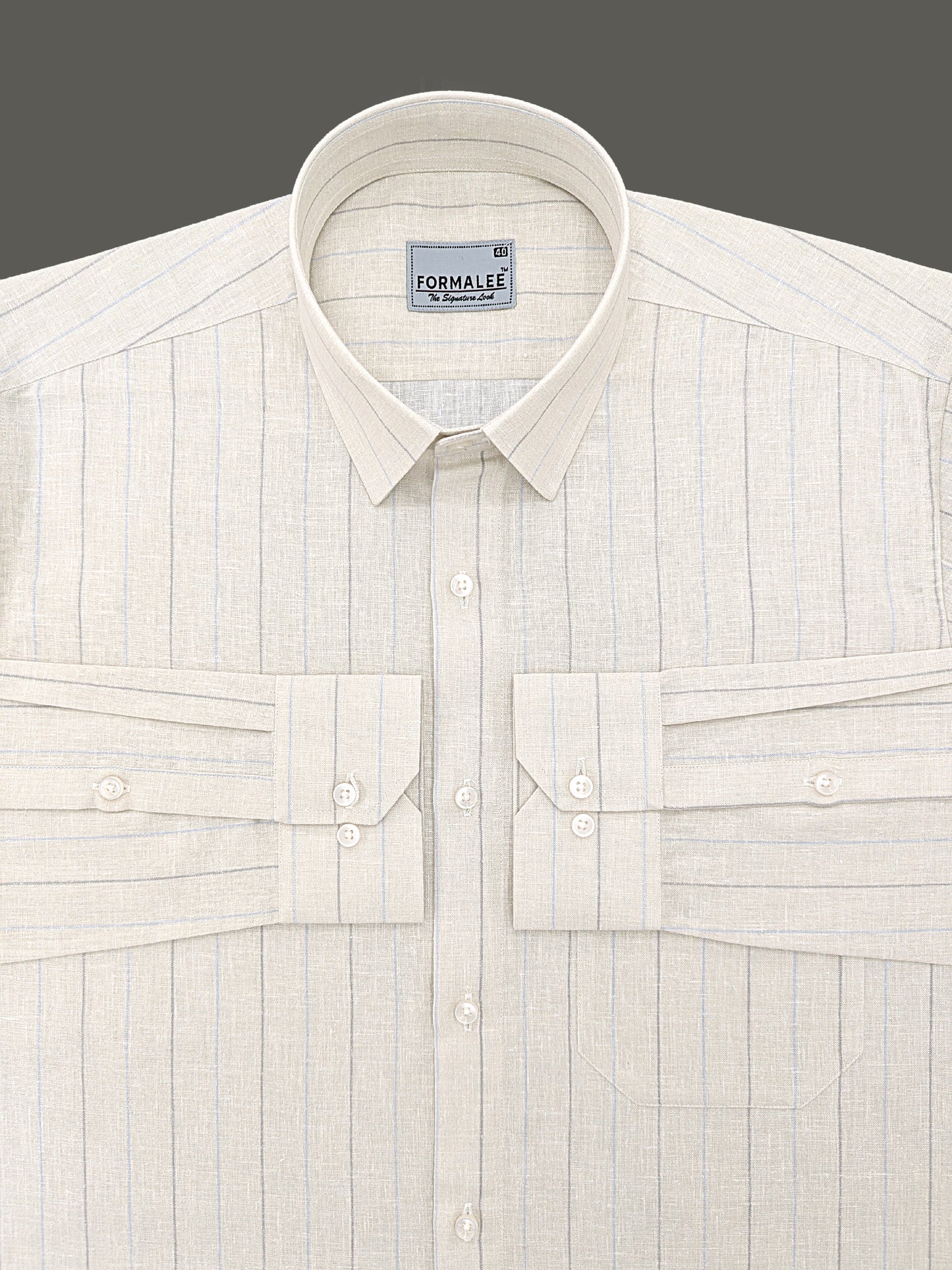 Premium Linen Cotton Blue With Grey Line On Cream Formal Shirt For Men