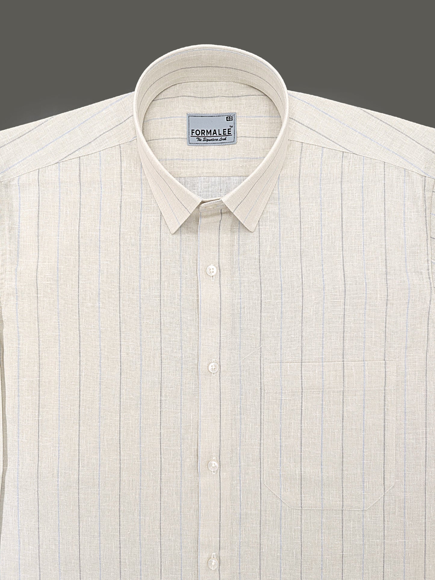Premium Linen Cotton Blue With Grey Line On Cream Formal Shirt For Men